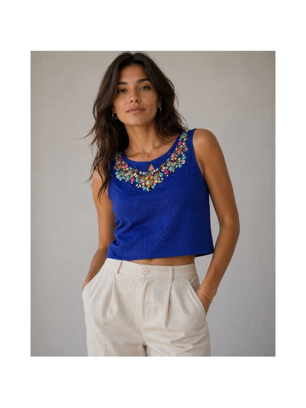 Anthropologie Moulinette Soeurs Top Women 4 Blue Beaded Jacquard‎